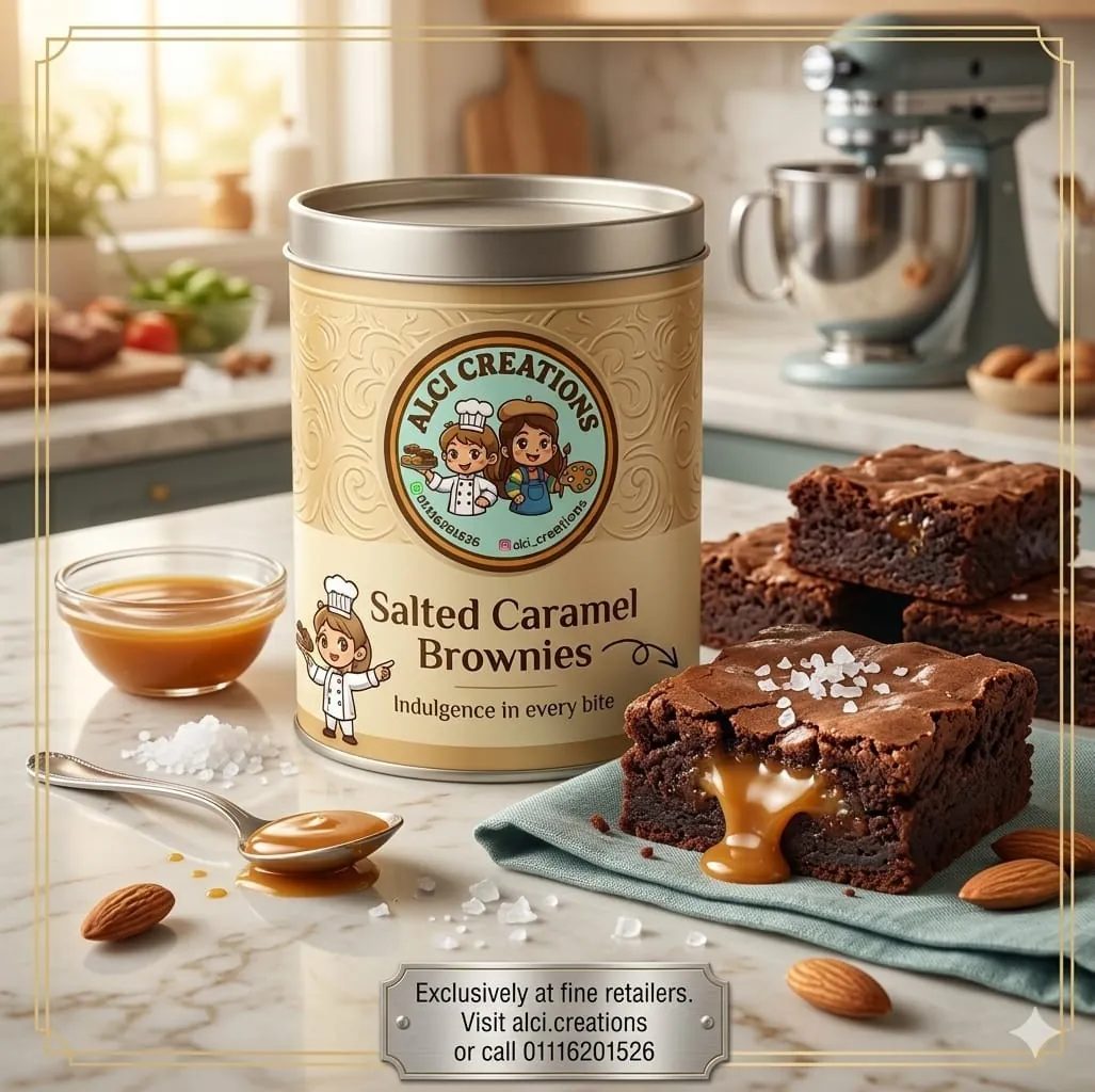 Salted Caramel Brownies tin with caramel sauce and almonds