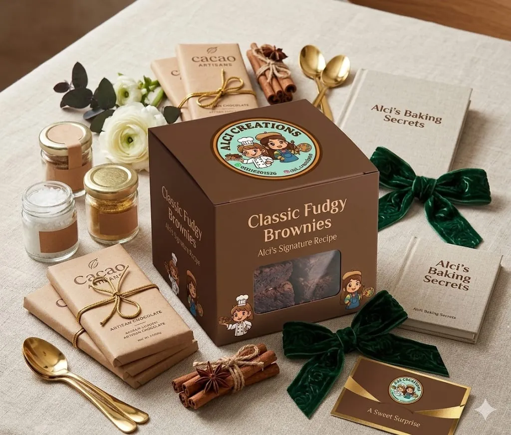 Classic Fudgy Brownies box with gift ribbon and baking notes