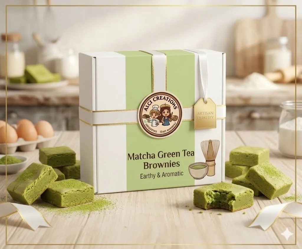 Matcha Green Tea Brownies box with green tea brownies