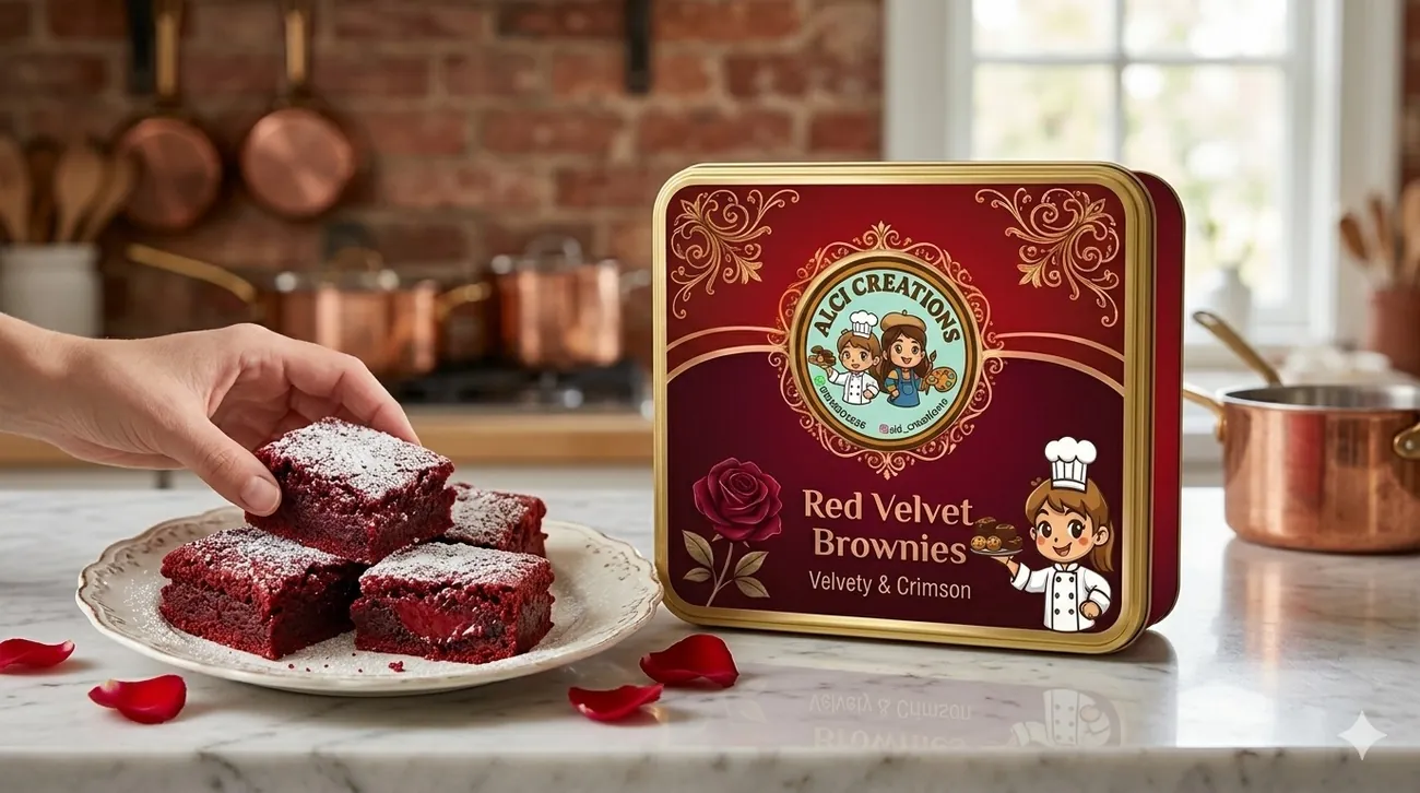 Red Velvet Brownies tin with a plate of red velvet brownies