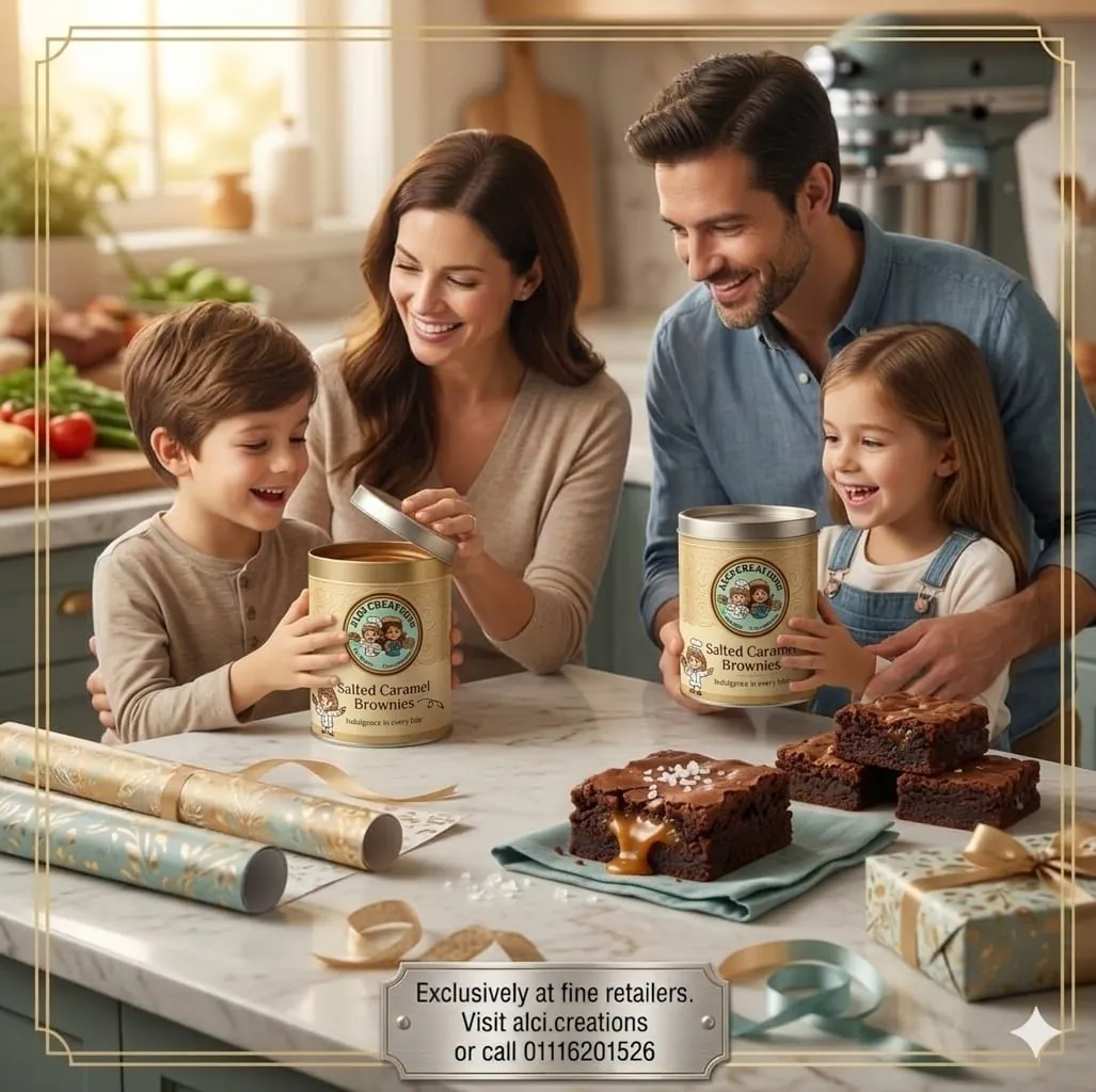 A family opening a tin of Salted Caramel Brownies