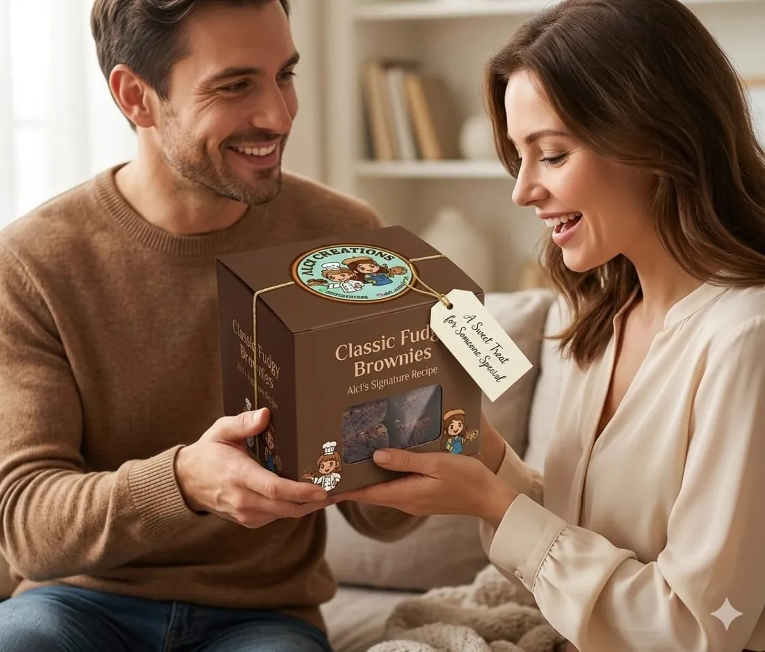A man giving a box of Classic Fudgy Brownies as a gift