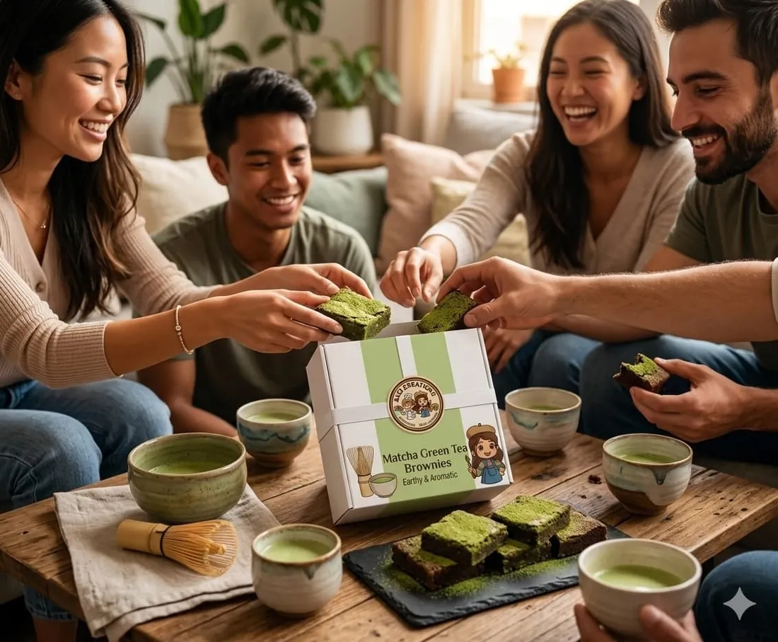 Friends sharing Matcha Green Tea Brownies over tea