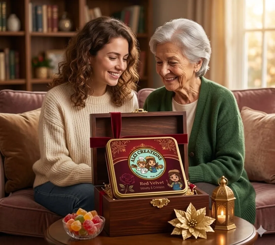Two women opening a Red Velvet Brownies gift tin